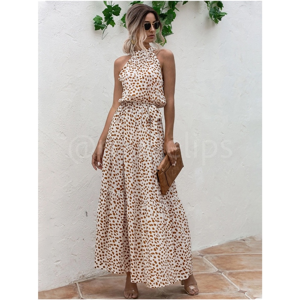 Spotted Print Maxi Dress Tie Belt High Neck - Picture 7 of 10